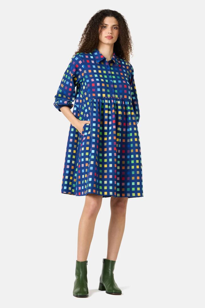 Image of Dresses. Product name - Light Up Check Smock Dress in Navy colour by brand - Gorman