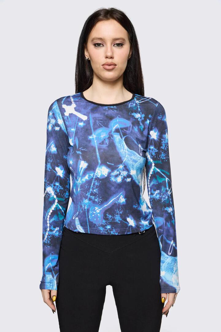 Image of a model wearing Tops. Product name - Cyanotype Goth Top in Blue colour by brand - Black Friday
