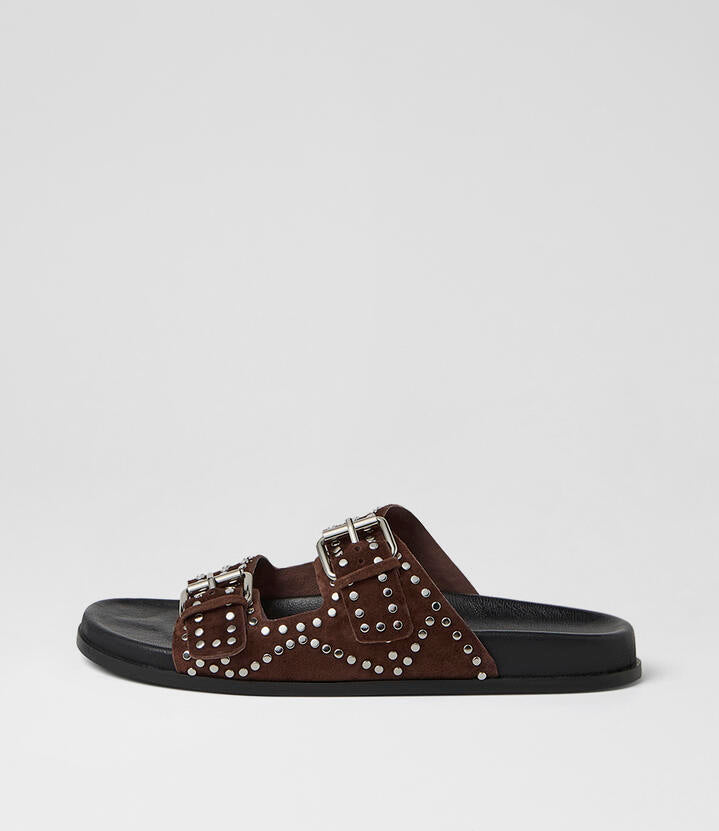 Image of Slippers. Product name - Heire Choc Black Suede Slides in Choc-Black Sole colour by brand - MOLLINI