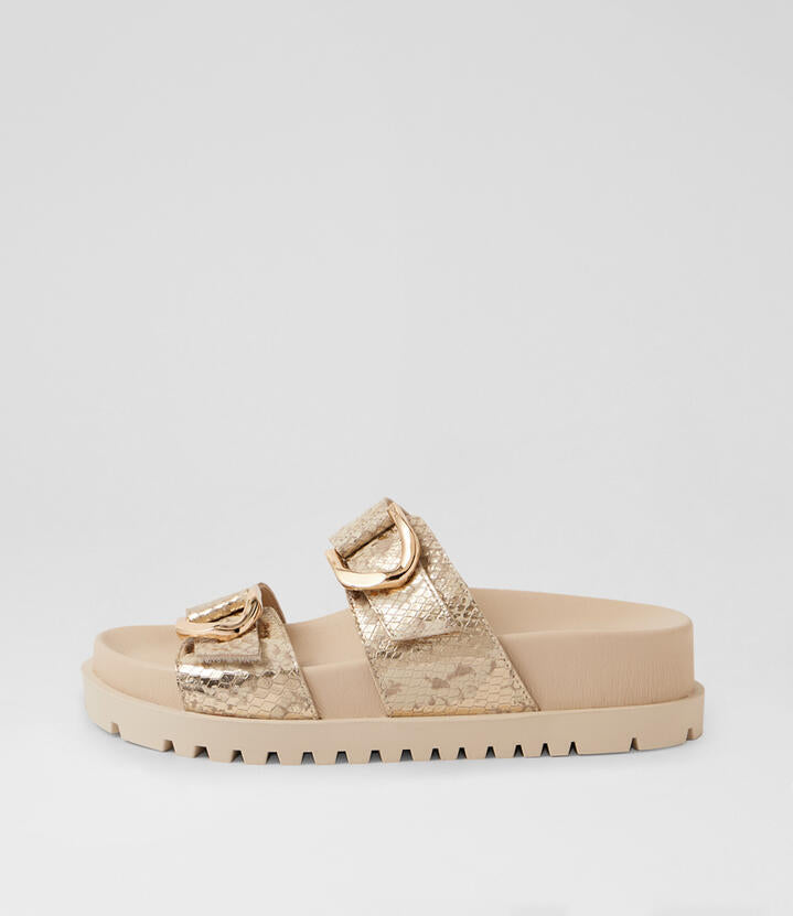 Image of Slippers. Product name - Ully Ivory Gold Snake Leather Slides in Ivory&Gold Snake colour by brand - MIDAS