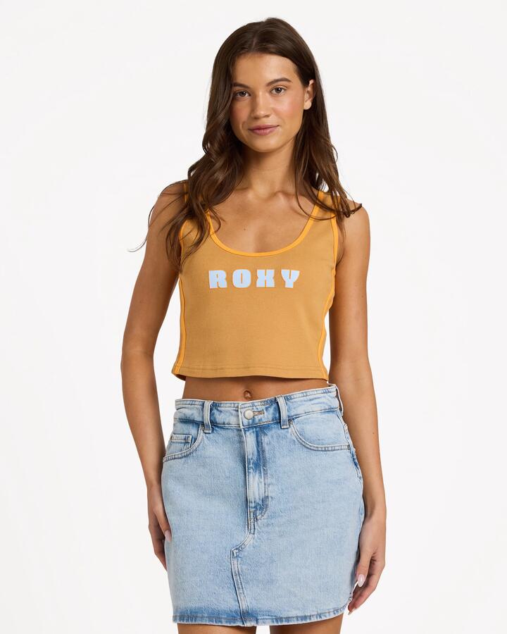 Image of a model wearing Tops. Product name - Roxy Womens Bella Tank Top Cinnamon in Cinnamon colour by brand - Roxy