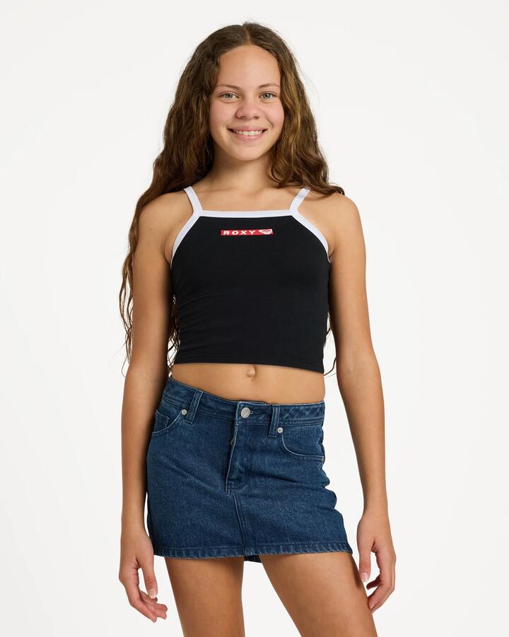 Image of a model wearing Tops. Product name - Roxy Girls 8-16 Rewind Me Cami Tank Top Black in Black colour by brand - Roxy