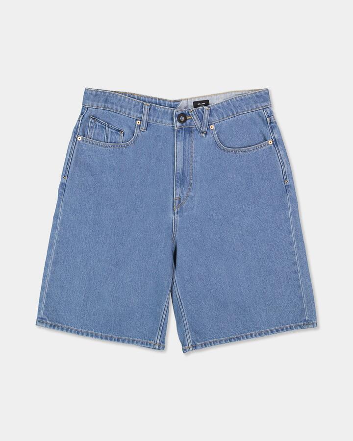Image of a model wearing Shorts. Product name - Volcom Boys 8-16 Billow 5 Pocket Denim Shorts Cali Blue in Cali Blue colour by brand - Volcom