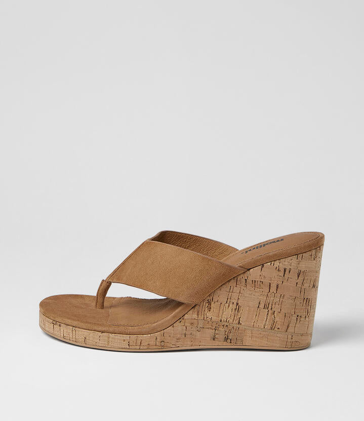 Image of Sandals. Product name - Kontour Tan Cork Suede Sandals in Tan-Cork colour by brand - MOLLINI