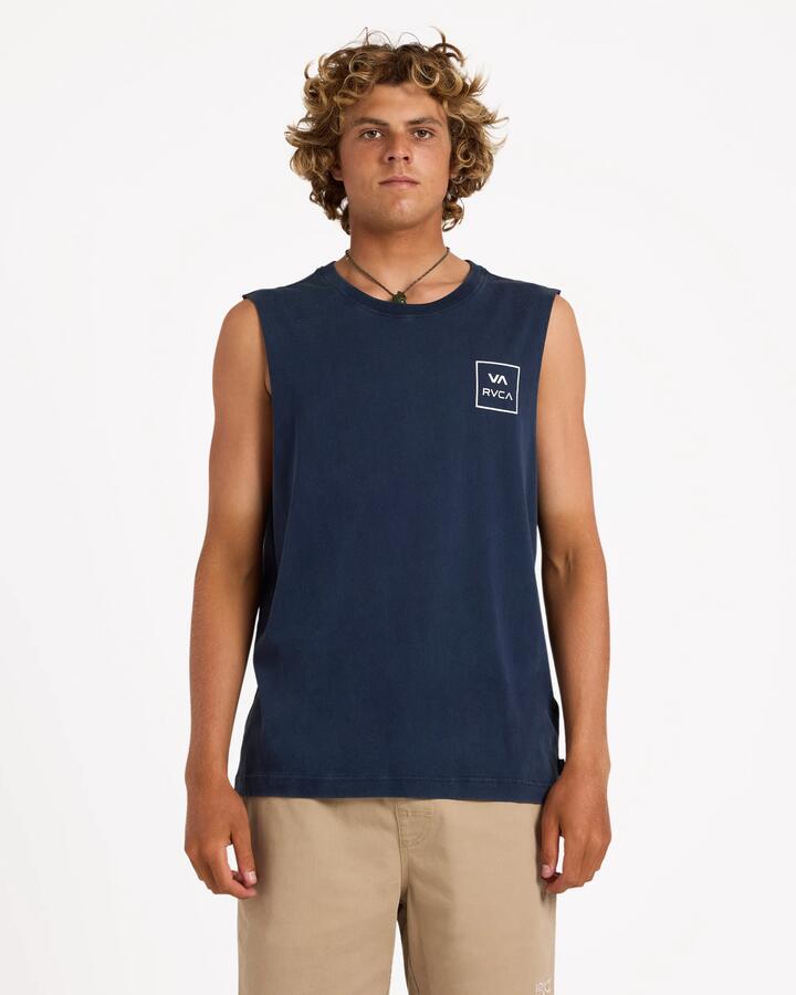 Image of a model wearing Tops. Product name - Rvca Mens Va All The Ways Muscle Shirts Navy Marine in Navy Marine colour by brand - Rvca