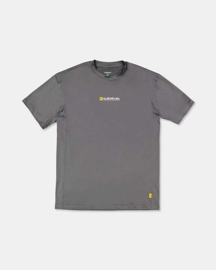 Image of a model wearing Tops. Product name - Quiksilver Mens Sea Grass Uv+ Short Sleeve Rashguard Iron Gate in Iron Gate colour by brand - Quiksilver