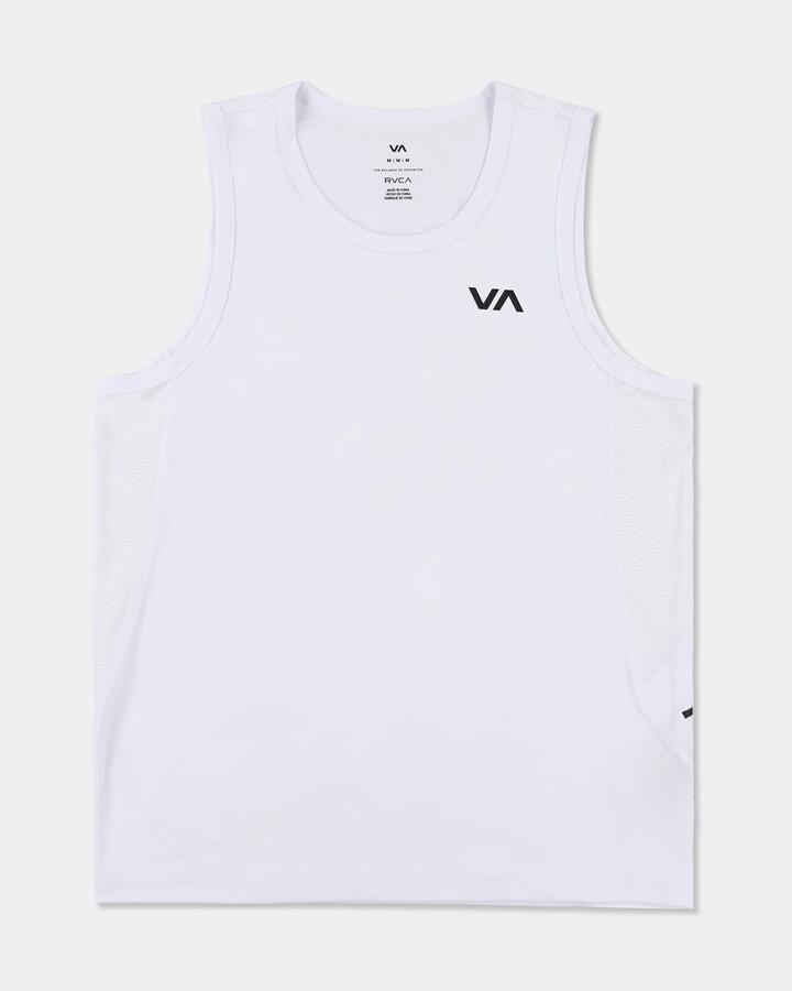 Image of a model wearing Tops. Product name - Rvca Mens Sport Vent Muscle White in White colour by brand - Rvca