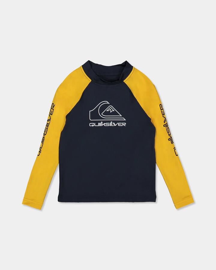 Image of a model wearing Tops. Product name - Quiksilver Boys 2-7 On Tour Long Sleeve Rash Vest Mineral Yellow in Mineral Yellow colour by brand - Quiksilver