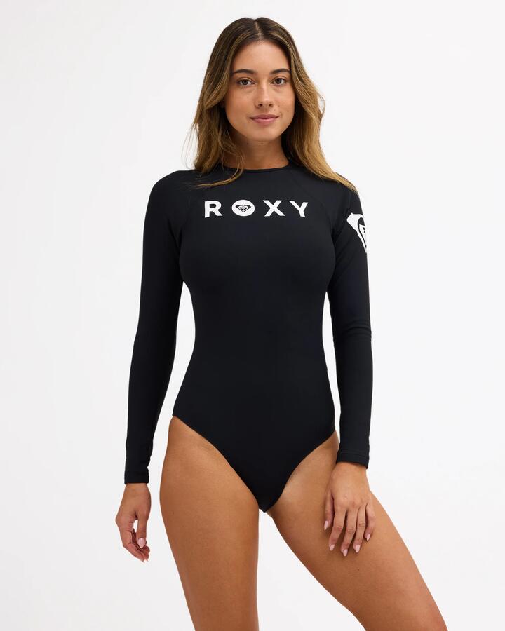 Image of a model wearing Tops. Product name - Roxy Womens Heater Long Sleeve One Piece Swimsuit Anthracite in Anthracite colour by brand - Roxy