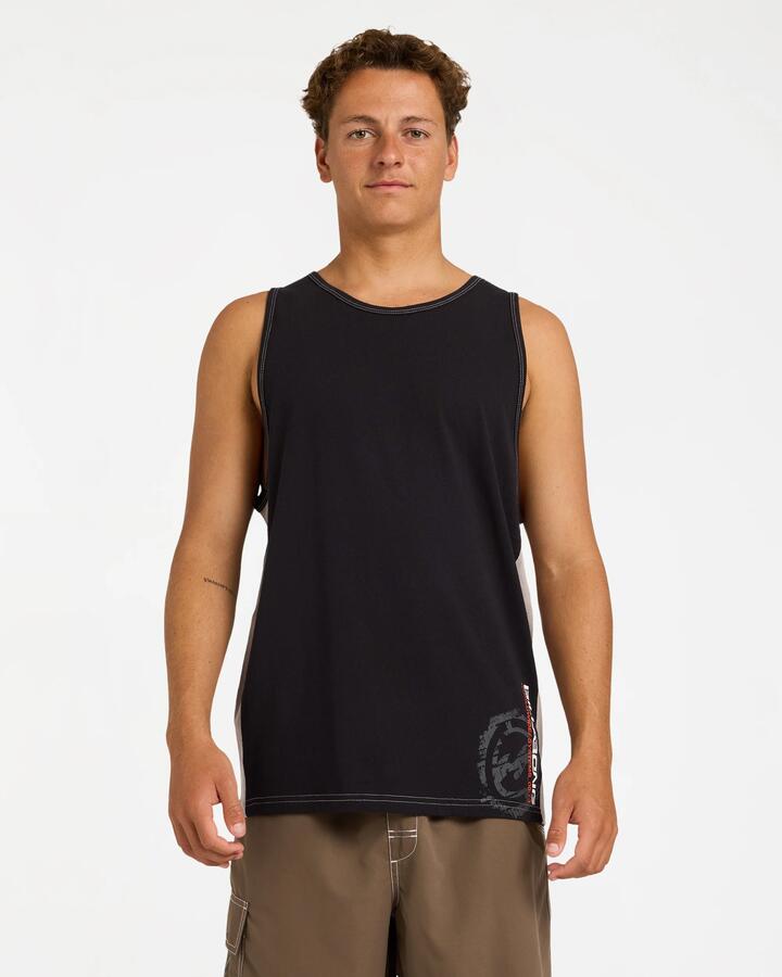 Image of a model wearing Tops. Product name - Billabong Mens Spec 73 Blast Tank Top Off Black in Off Black colour by brand - Billabong