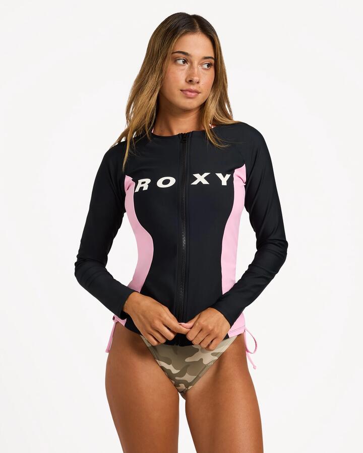 Image of a model wearing Tops. Product name - Roxy Womens Swell Long Sleeve Rashguard Black in Black colour by brand - Roxy