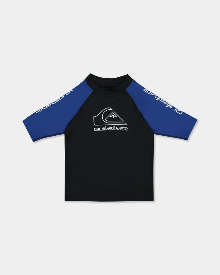 Image of a model wearing Tops. Product name - Quiksilver Boys 2-7 On Tour Short Sleeve Rash Vest Monaco Blue in Monaco Blue colour by brand - Quiksilver