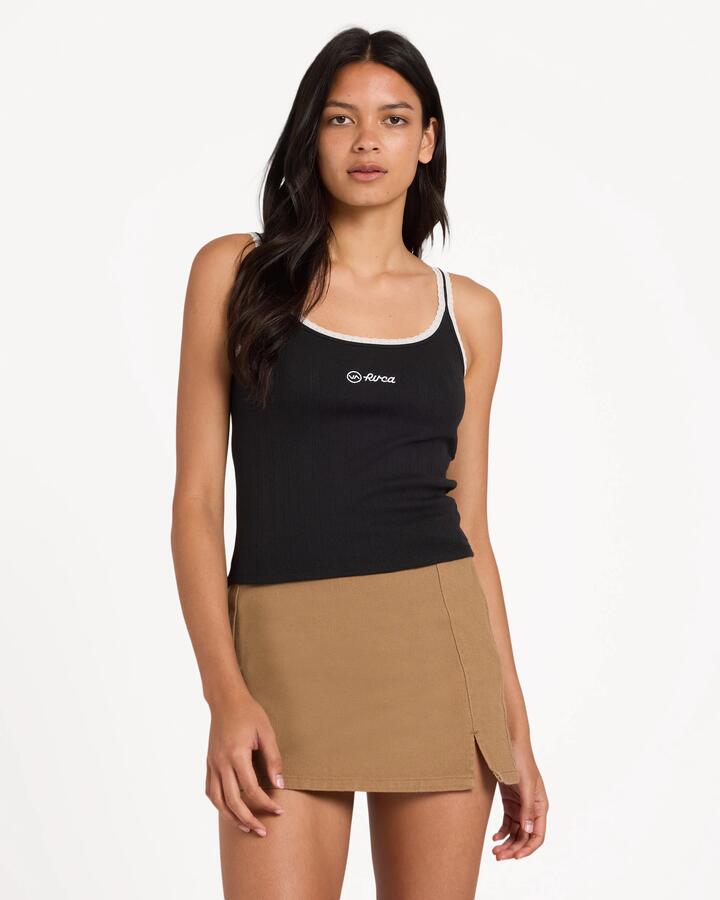 Image of a model wearing Tops. Product name - Rvca Womens Agave Pointelle Tank Top Rvca Black in Rvca Black colour by brand - Rvca