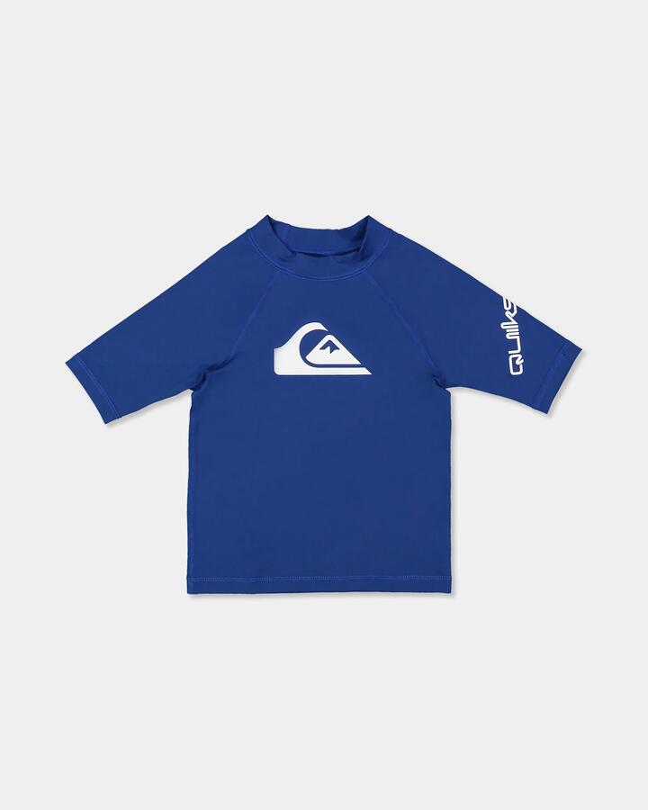 Image of a model wearing Tops. Product name - Quiksilver Boys 2-7 All Time Short Sleeve Rash Vest Monaco Blue in Monaco Blue colour by brand - Quiksilver