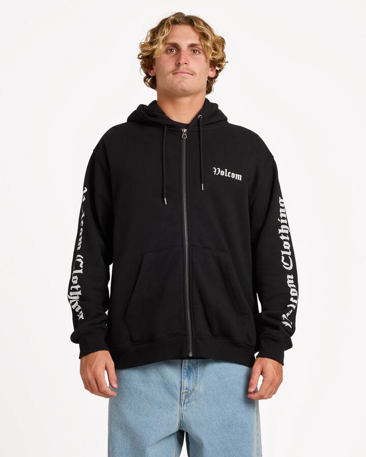 Image of a model wearing Outerwear. Product name - Volcom Mens Core Gnar Zip Fleece Top Black in Black colour by brand - Volcom