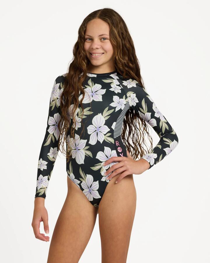 Image of a model wearing Tops. Product name - Roxy Girls 8-16 Of The Pacific Long Sleeve One Piece Swimsuit Anthracite Of The Pacific S in Anthracite Of The Pacific S colour by brand - Roxy