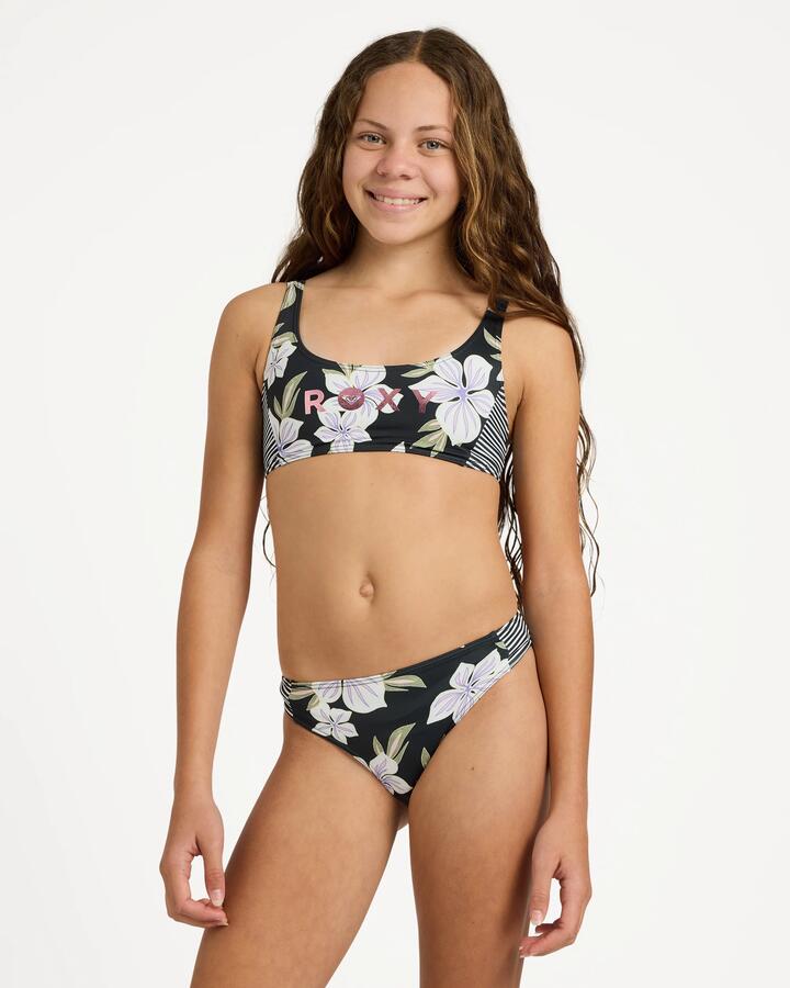 Image of a model wearing Tops. Product name - Roxy Girls 8-16 Of The Pacific Bralette Two Piece Anthracite Of The Pacific S in Anthracite Of The Pacific S colour by brand - Roxy