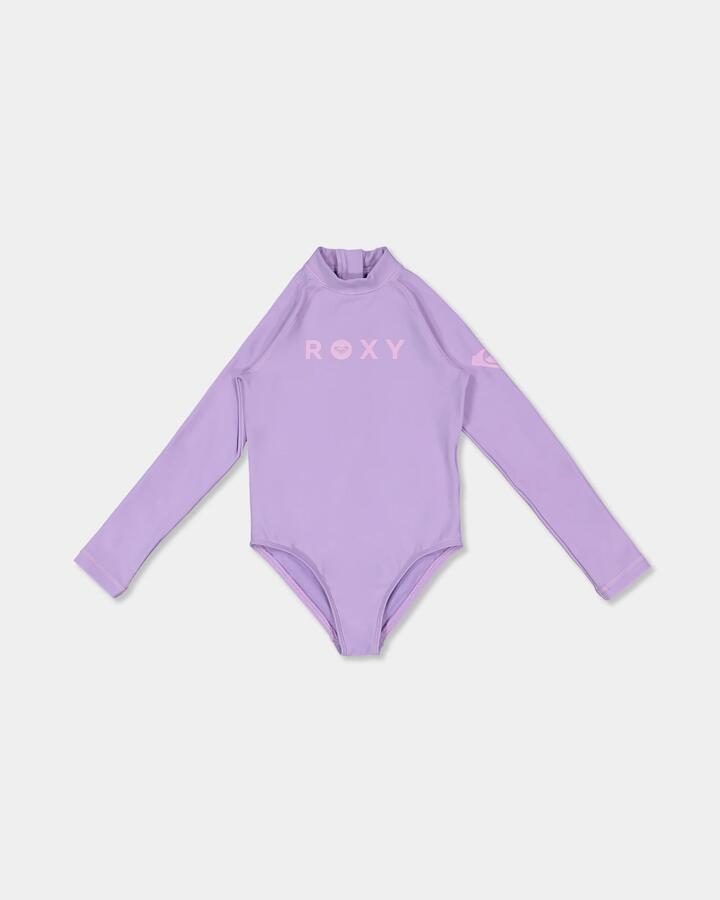 Image of a model wearing Tops. Product name - Roxy Girls 2-7 Heater Long Sleeve One Piece Swimsuit Viola in Viola colour by brand - Roxy
