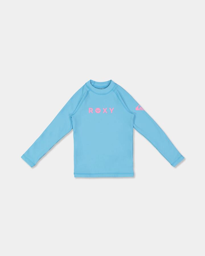 Image of a model wearing Tops. Product name - Roxy Girls 2-7 Roxy Heater Long Sleeve Rashguard Splish Splash in Splish Splash colour by brand - Roxy