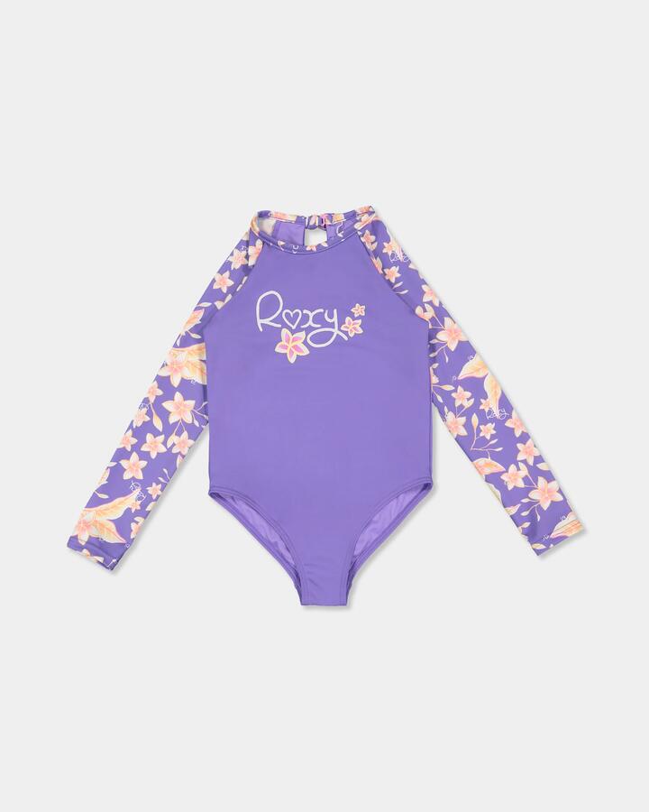 Image of a model wearing Tops. Product name - Roxy Girls 2-7 Plumeria Love Long Sleeve One Piece Swimsuit Dahlia Purple Plumeria Love in Dahlia Purple Plumeria Love colour by brand - Roxy