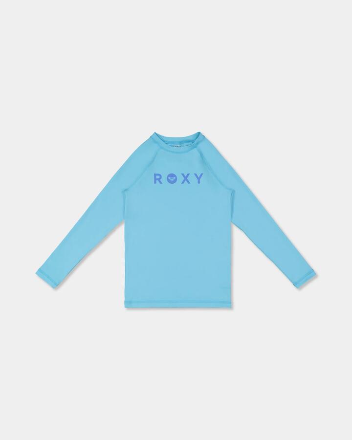 Image of a model wearing Tops. Product name - Roxy Girls 8-16 Essential Long Sleeve Rashguard Splish Splash in Splish Splash colour by brand - Roxy