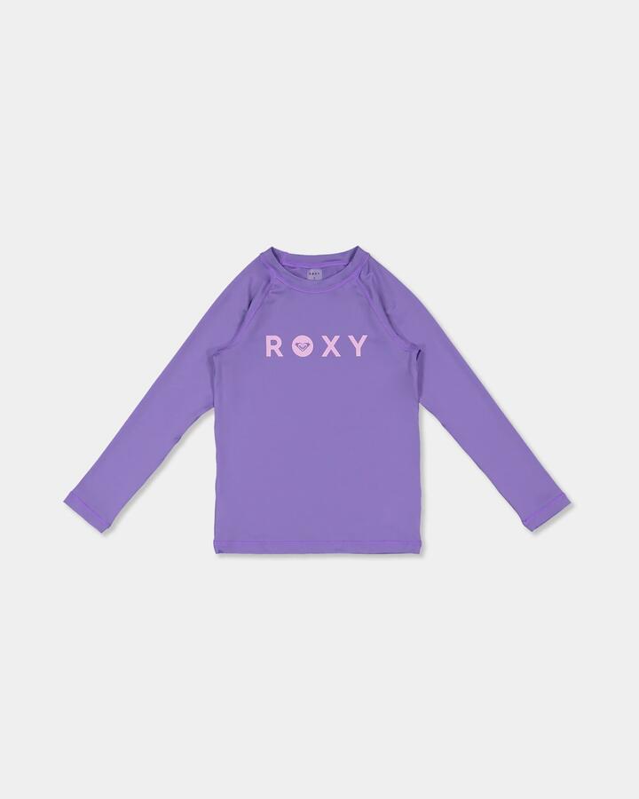 Image of a model wearing Tops. Product name - Roxy Girls 2-7 Essential Long Sleeve Rashguard Dahlia Purple in Dahlia Purple colour by brand - Roxy