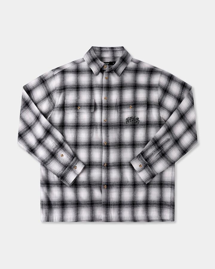 Image of a model wearing Tops. Product name - Former Mens Vivian Flannel Long Sleeve Shirt Grey in Grey colour by brand - Former