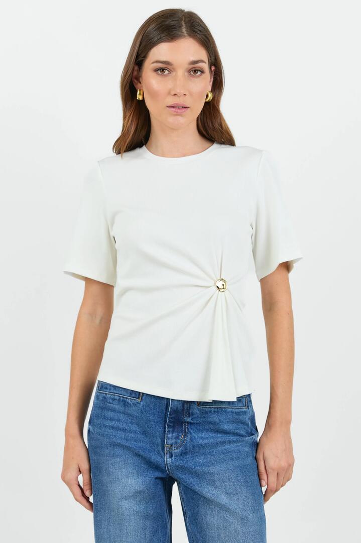 Image of a model wearing Tops. Product name - Helm White Waist Buckle Short Sleeve Tee in White colour by brand - Stories be Told
