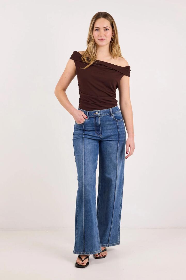 Image of Jeans. Product name - Fervent Vintage Blue Stretch Flare Pintuck Jeans in Vintage Blue colour by brand - Among the Brave