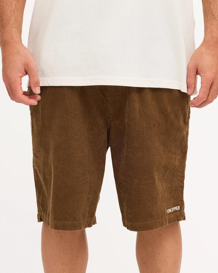 Image of a model wearing Shorts. Product name - Von Zipper Mens Byron Cord Walkshorts Tobacco in Tobacco colour by brand - Von Zipper