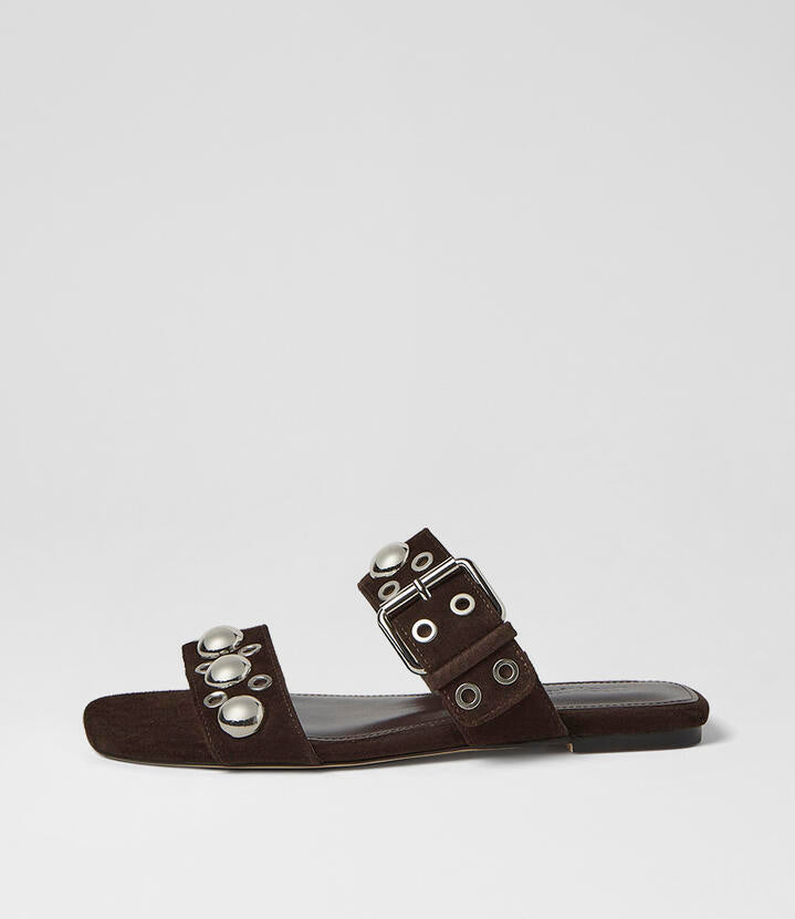 Image of Slippers. Product name - Rixoni Choc Suede Slides in Choc colour by brand - MOLLINI