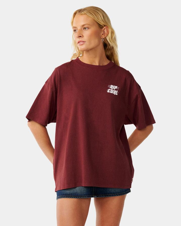 Image of T-Shirts. Product name - Rip Curl Womens Sports Department Heritage T-Shirt Dark Plum in Dark Plum colour by brand - Rip Curl