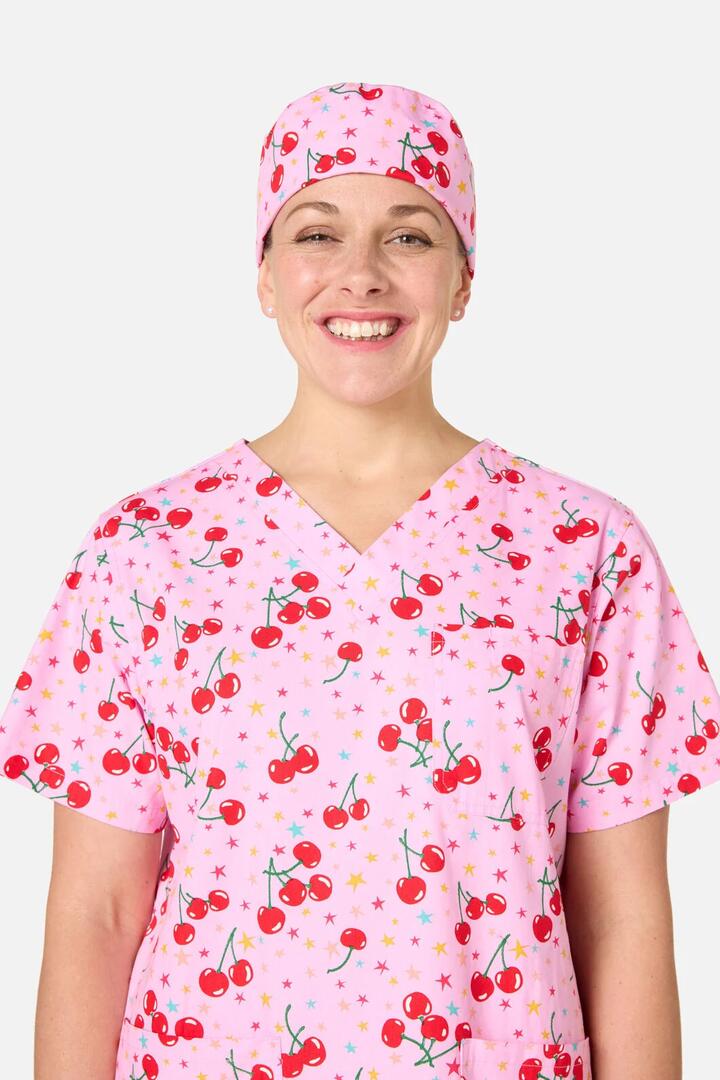 Image of Hats. Product name - Cherry Stars Scrub Hat in Pink colour by brand - Scrubs With Love