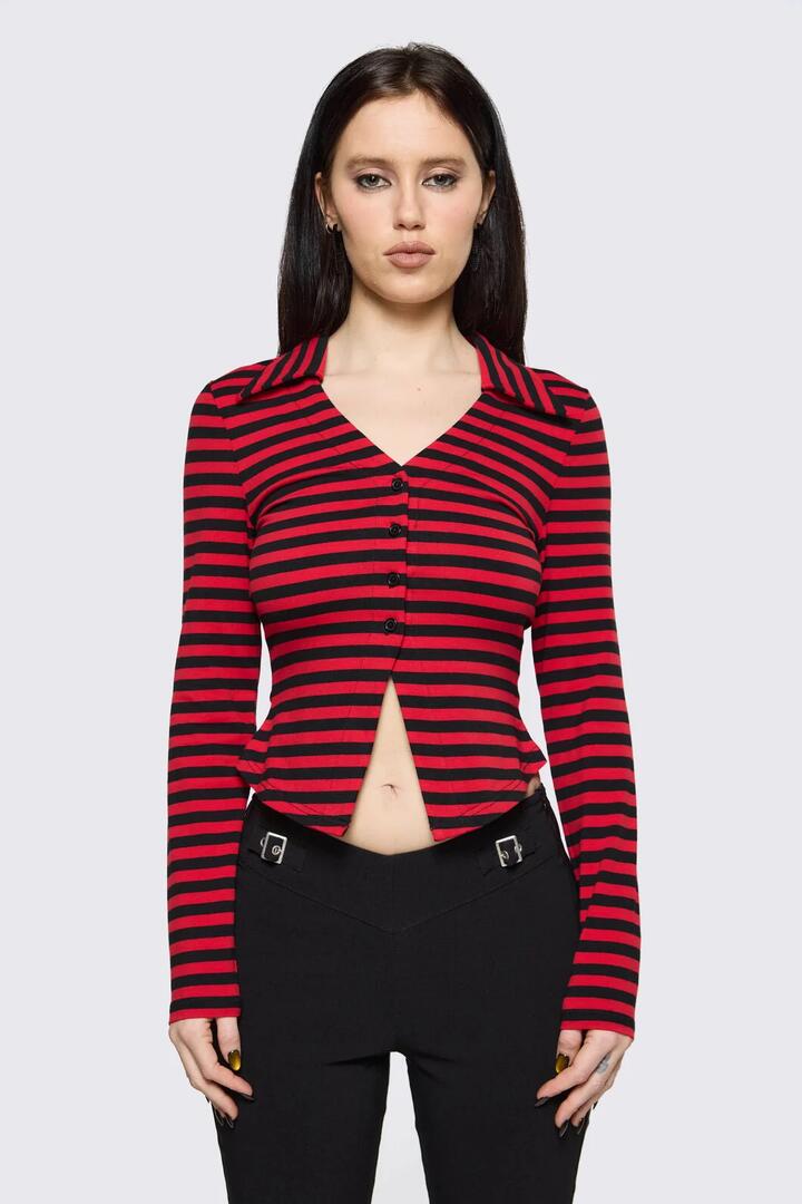 Image of a model wearing Tops. Product name - Trad Emo Stripe Jersey Top in Black Red colour by brand - Black Friday
