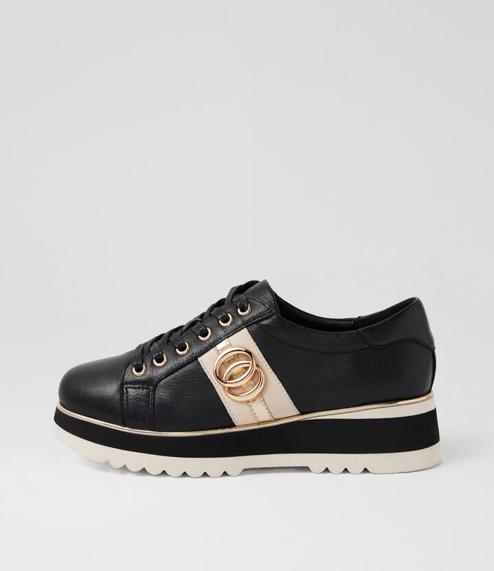 Image of Flats. Product name - Creole Black Milk Leather Multi Lace Up Flats in Black-Milk colour by brand - MIDAS