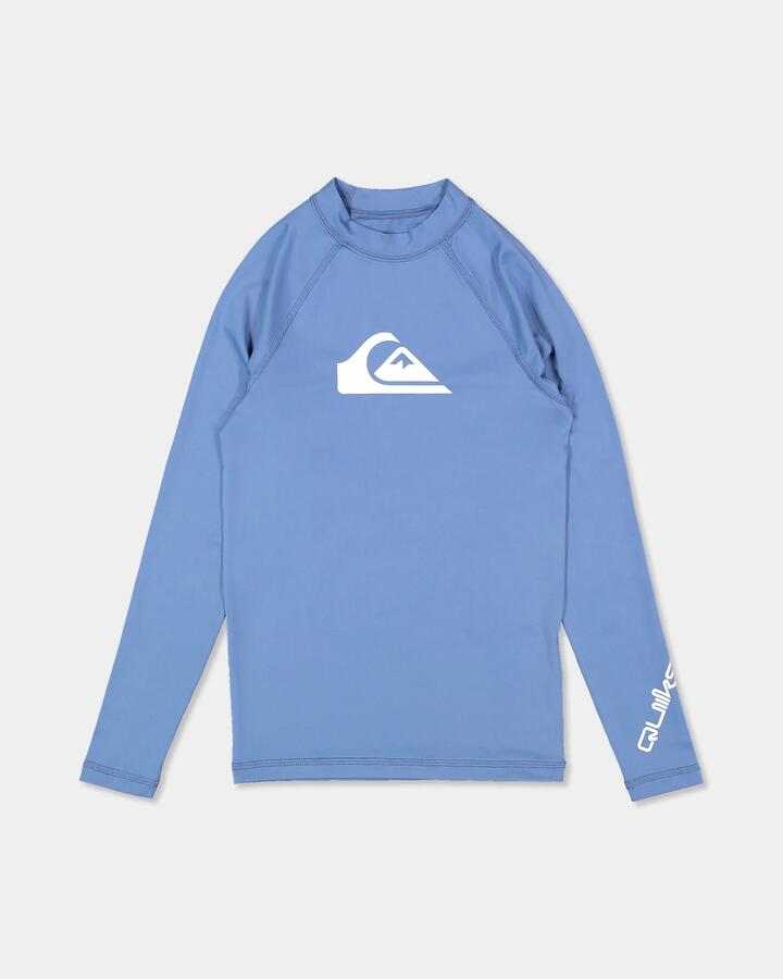 Image of a model wearing Tops. Product name - Quiksilver Boys 8-16 All Time Long Sleeve Rash Vest Quiet Harbor in Quiet Harbor colour by brand - Quiksilver