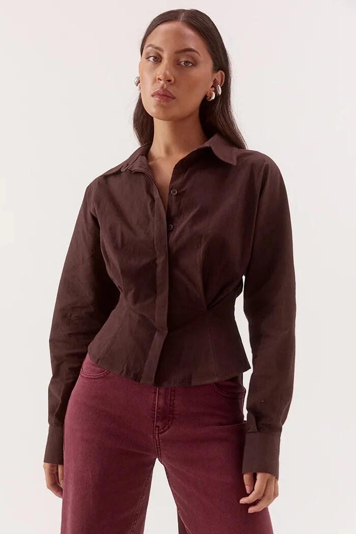 Image of Shirts. Product name - Marlowe Espresso Fitted Waist LS Shirt in Brown colour by brand - Sovere