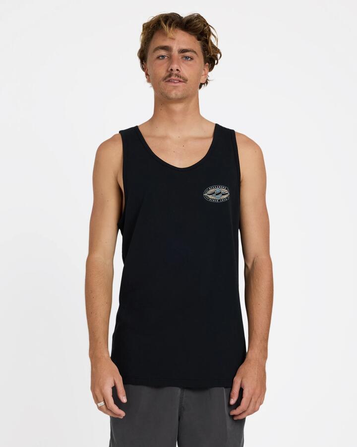 Image of a model wearing Tops. Product name - Billabong Mens Rotar Diamond Tank Top Black in Black colour by brand - Billabong