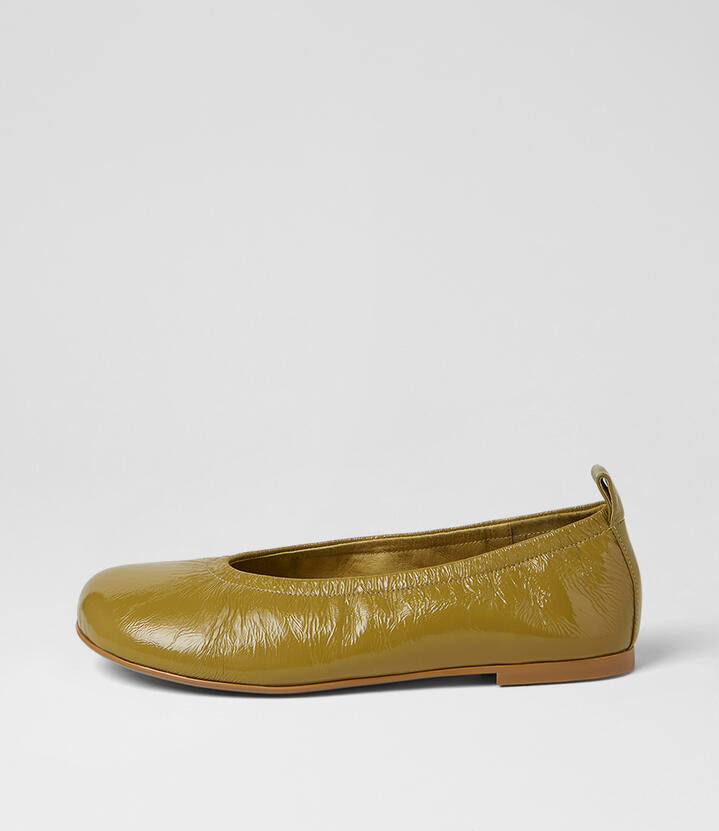 Image of Shoes. Product name - Linni Chartreuse Crinkle Patent Ballet Flats in Chartreuse colour by brand - MOLLINI