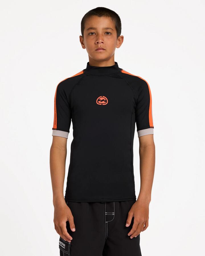Image of a model wearing Tops. Product name - Billabong Boys 8-16 Boys Spec 73 Pf Short Sleeve Rash Vest Black in Black colour by brand - Billabong