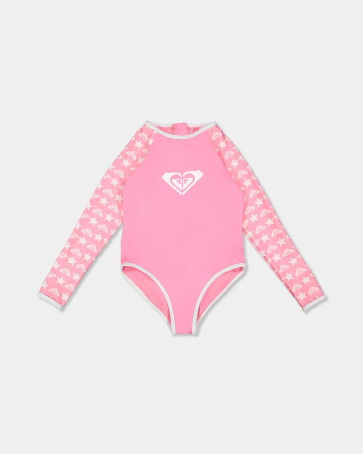 Image of a model wearing Tops. Product name - Roxy Girls 2-7 Super Star Long Sleeve One Piece Swimsuit Pink Carnation Super Star Tw in Pink Carnation Super Star Tw colour by brand - Roxy