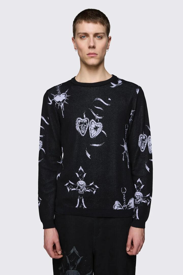 Image of a model wearing Tops. Product name - Trad Emo Knit in Black colour by brand - Black Friday