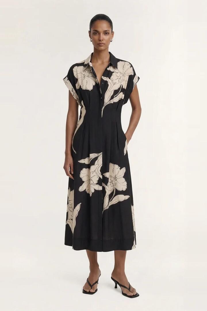 Image of Dresses. Product name - Veda Black Cream Floral Cap Sleeve Midi Dress in Black colour by brand - Staple The Label