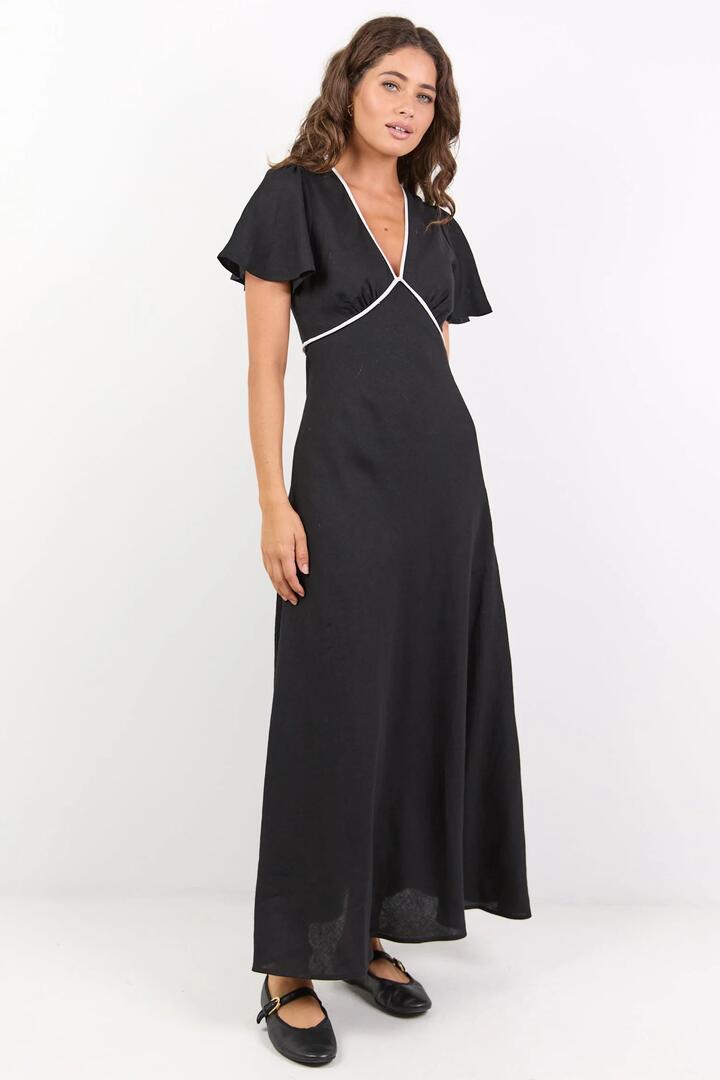 Image of Dresses. Product name - Profile Black Linen Blend Contrast Bias Flutter Sleeve Maxi Dress in Black colour by brand - Stories be Told