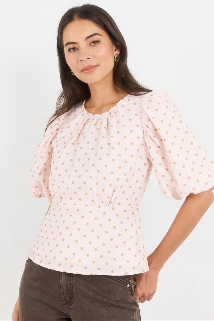 Image of a model wearing Tops. Product name - Eventual Blush Polka Dot Mid Sleeve Fit and Flare Top in Blush Polka Dot colour by brand - Stories be Told