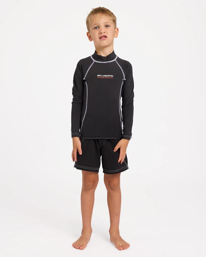 Image of a model wearing Tops. Product name - Billabong Boys 2-7 Groms Spec 73 Pf Long Sleeve Surf Shirt Washed Black in Washed Black colour by brand - Billabong