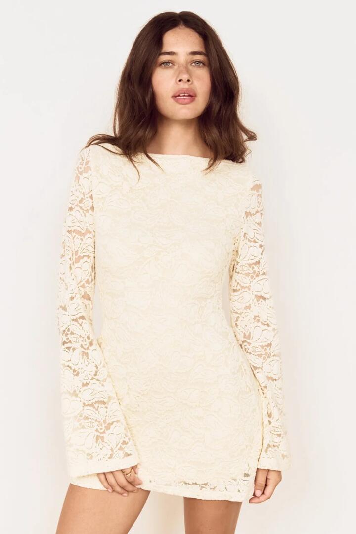 Image of Dresses. Product name - Ophelia Cream Lace LS Mini Dress in Cream colour by brand - Mink Pink