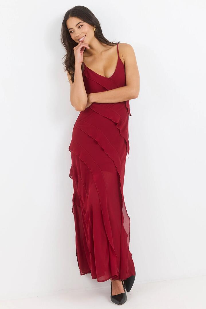 Image of Dresses. Product name - Galore Dark Red Georgette Bias Ruffle Slip Maxi Dress in Dark Red colour by brand - Georgia Zoe