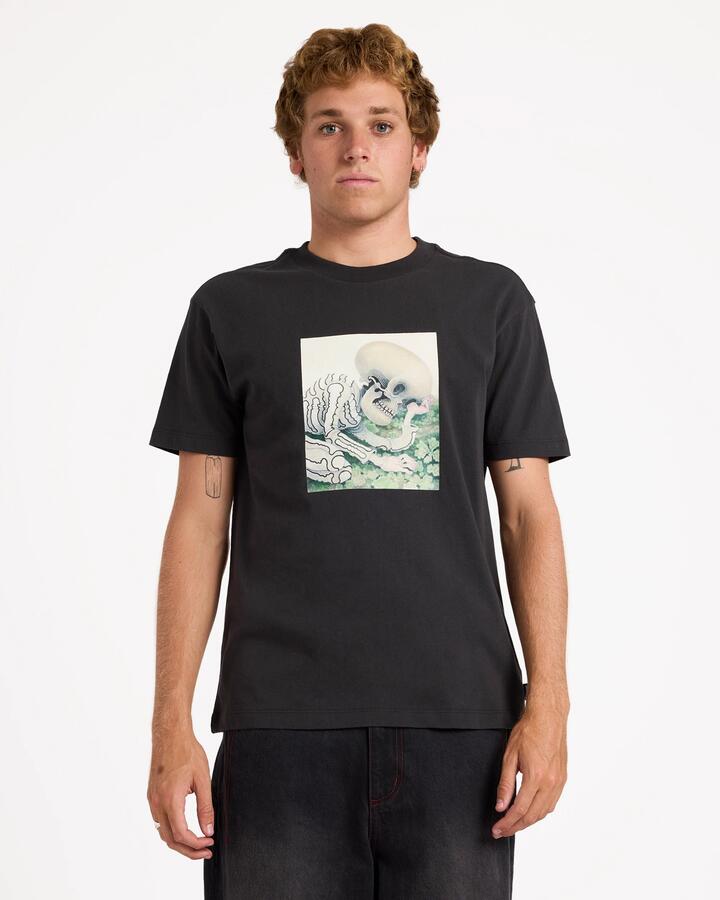 Image of T-Shirts. Product name - Rvca Mens Sleepy Skeleton T-Shirt Pirate Black in Pirate Black colour by brand - Rvca