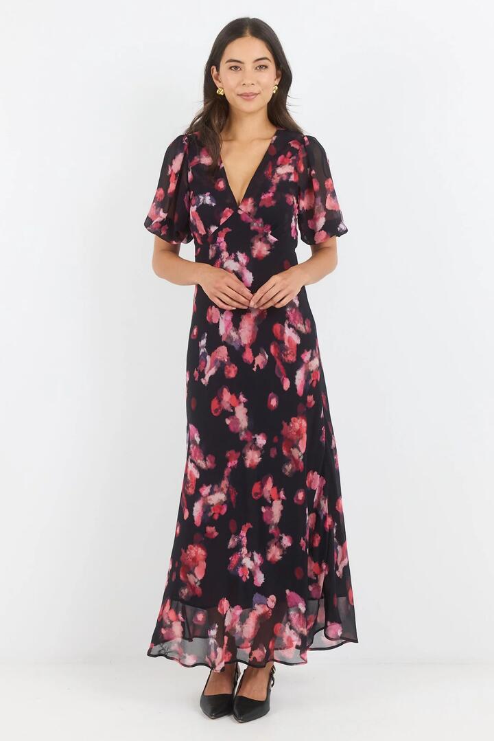 Image of Dresses. Product name - Noble Black Pink Abstract Print V Neck Puff Sleeve Midi Dress in Black Pink Abstract Print colour by brand - Georgia Zoe